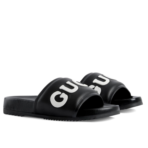 Authentic GUCCI Jumbo Logo Leather Slide Sandals Black Men's Size 8US 8.5 NWT